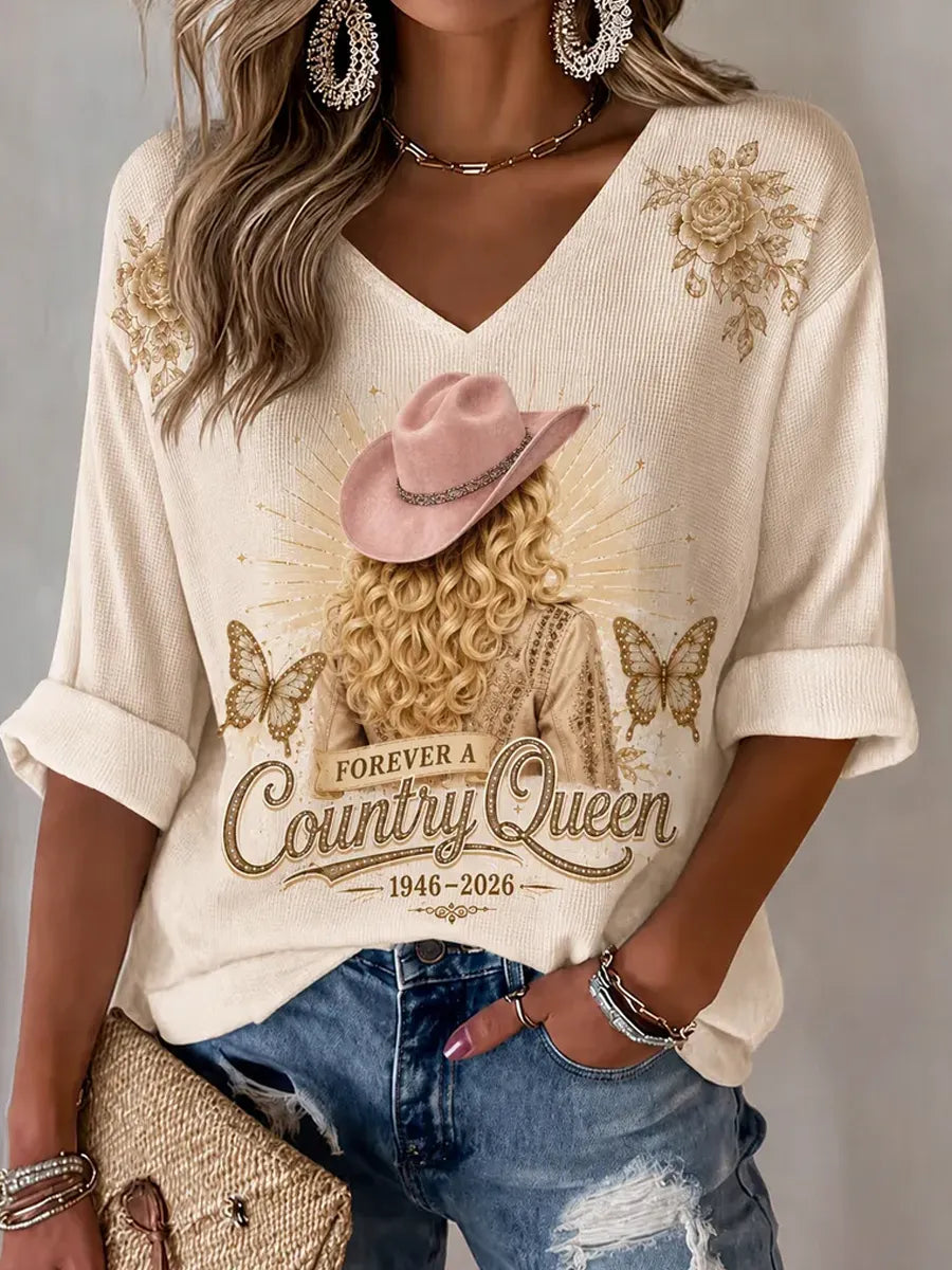 Women's Commemorative Print Casual Waffle V-Neck Top