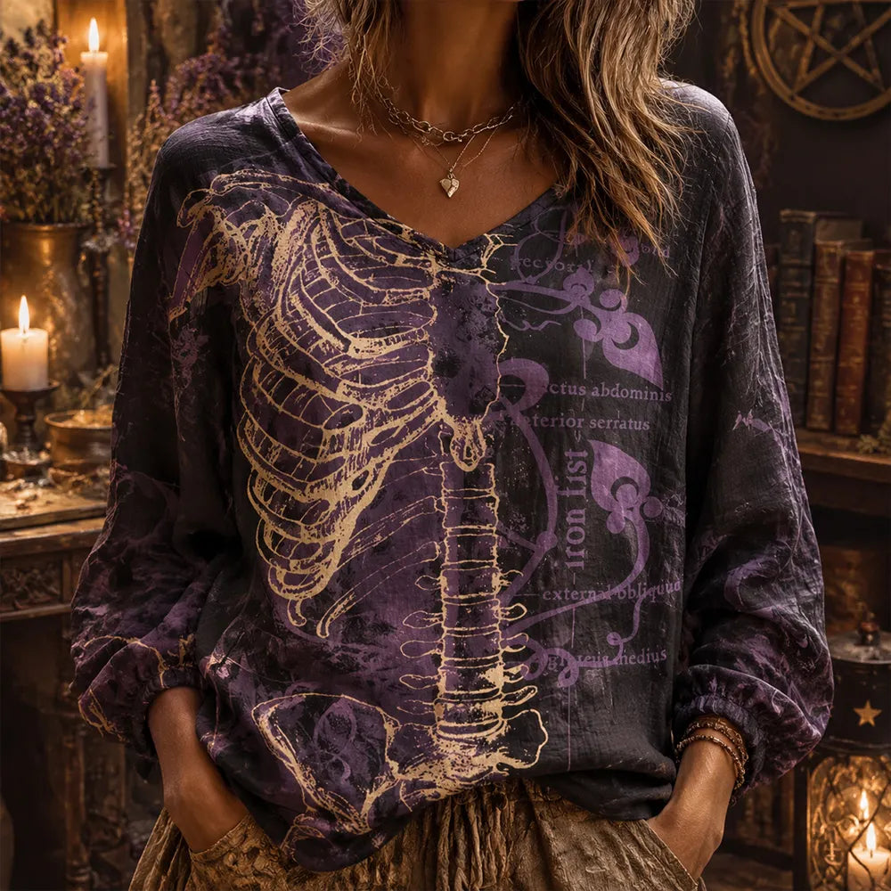 Women's Vintage Skeleton And Floral Print Casual Witch Long Sleeve Top