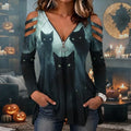 Women's Halloween Black Cat Print Drop-shoulder T-shirt