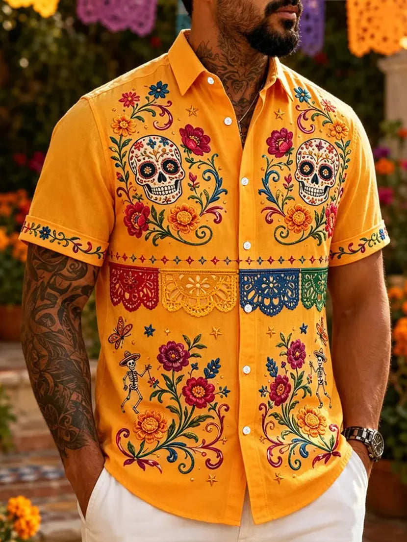 Men's Day Of The Dead Print Short Sleeve Buttons Shirt