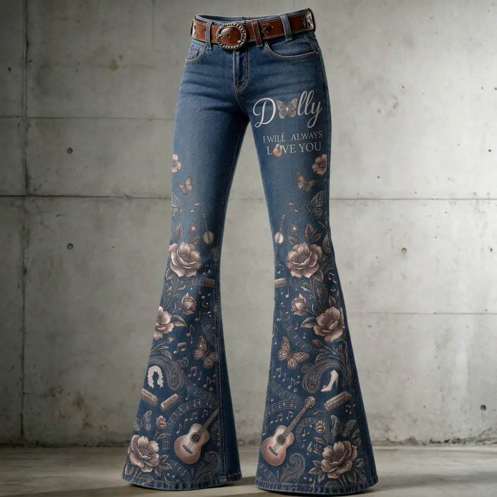 Women's Dolly Parton Butterfly Floral Guitar Printed Flare Jeans
