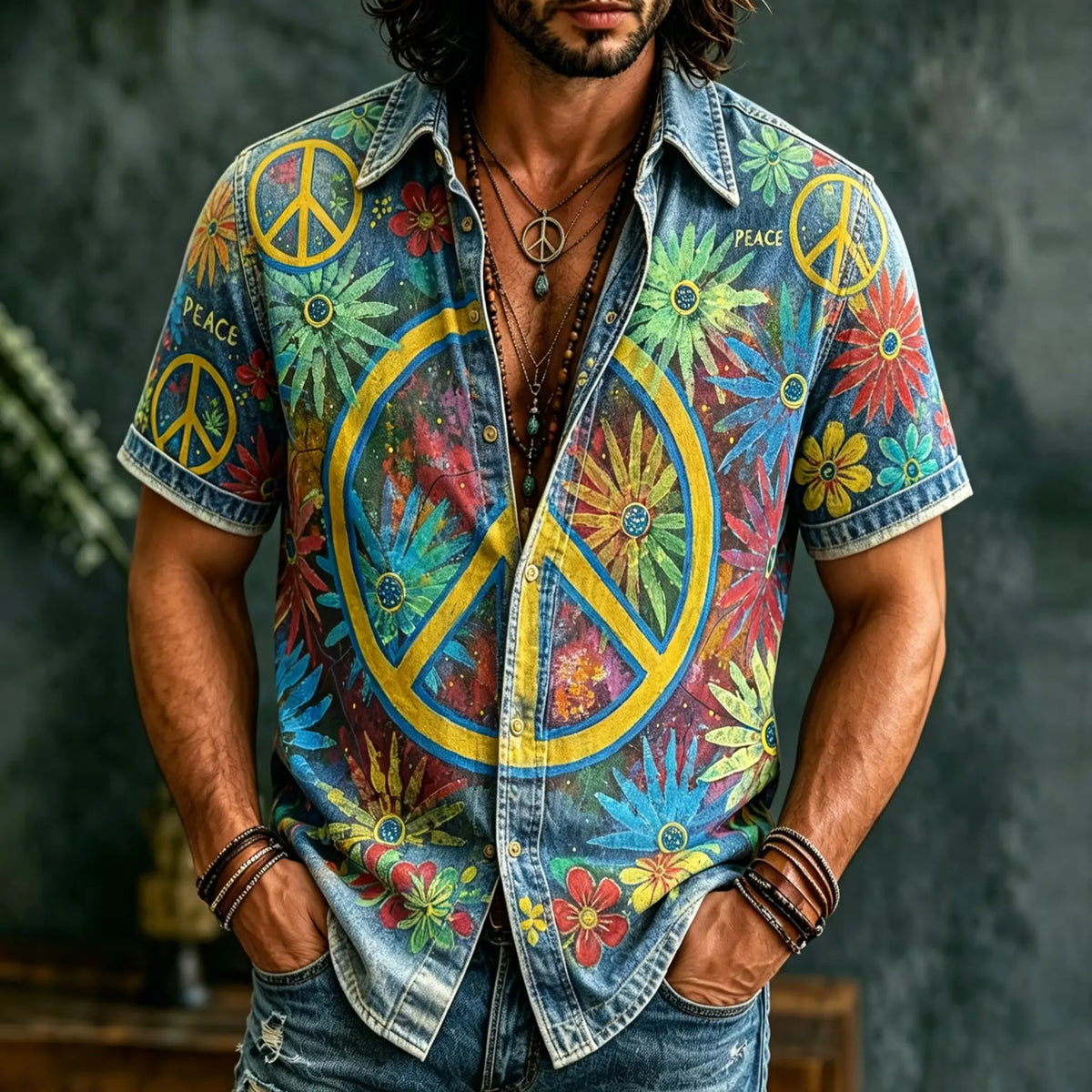 Men's Peace Sign Floral Hippie Retro Print Short Sleeve Buttons Shirt