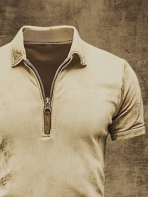 Men's casual zip-up polo shirt in retro wash style