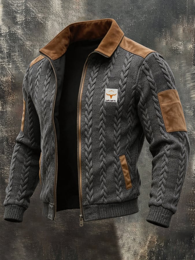 Men'S Retro Color-Block Faux Suede Jacket With Fleece Lining, Textured Cable-Knit Panels, And Warmth-Retaining Design