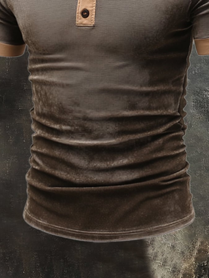 Men's casual retro color block Henley T-shirt
