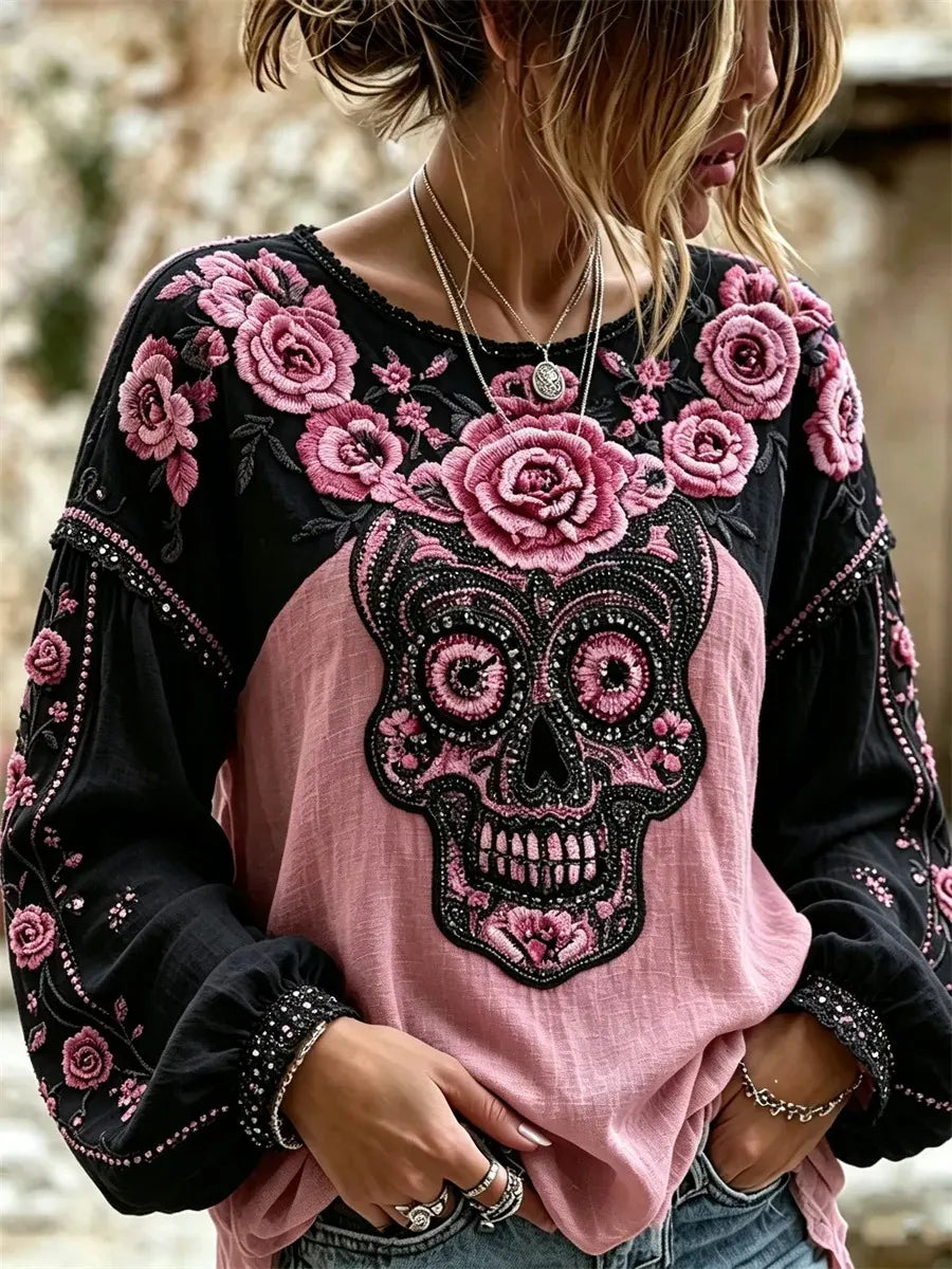 Women's Day Of The Dead Skull Pink Rose Patchwork Print Lantern Sleeve Top