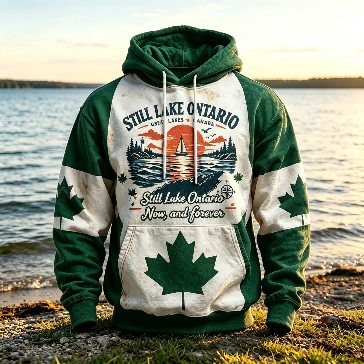 Men's Retro Lake Ontario And Maple Leaf Print Hoodie