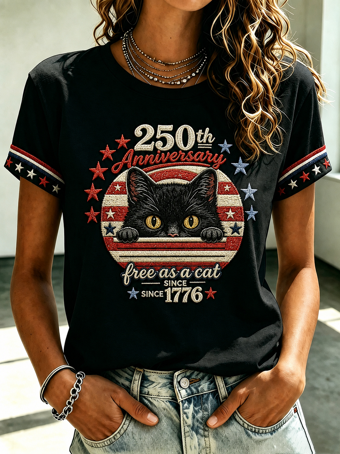 Women's 250 American Flag Cat Embroidered T-shirt
