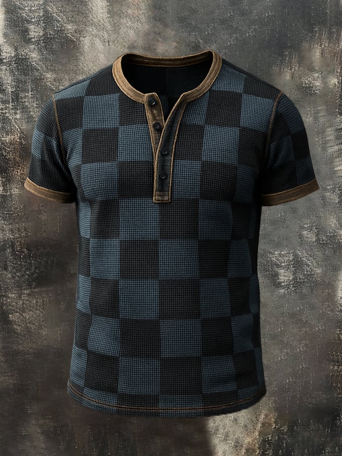 Men's casual waffle henley color block t-shirt