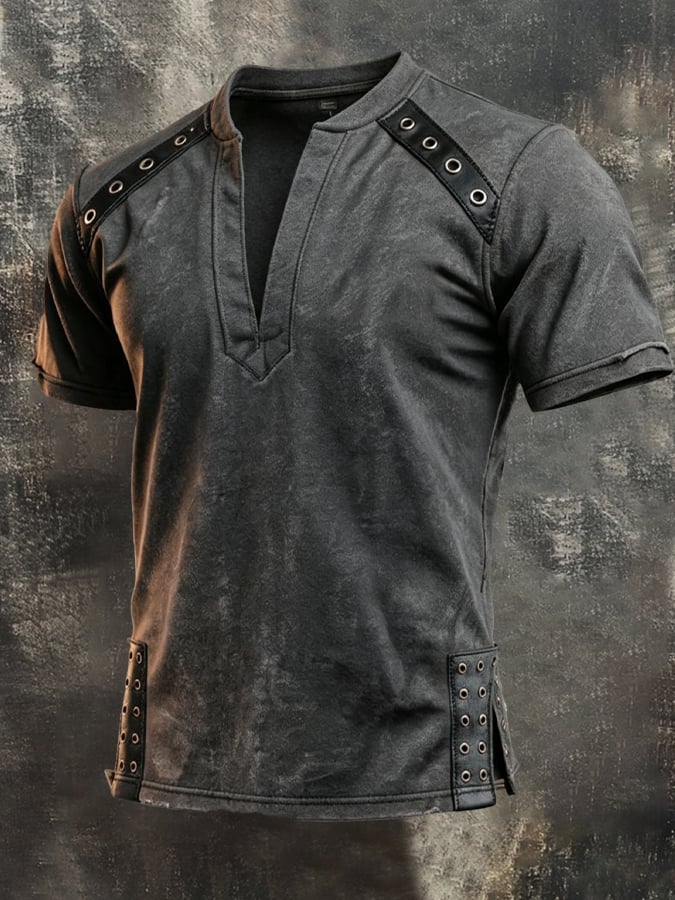 Men's Vintage Cotton-Leather Panel Henley T-Shirt