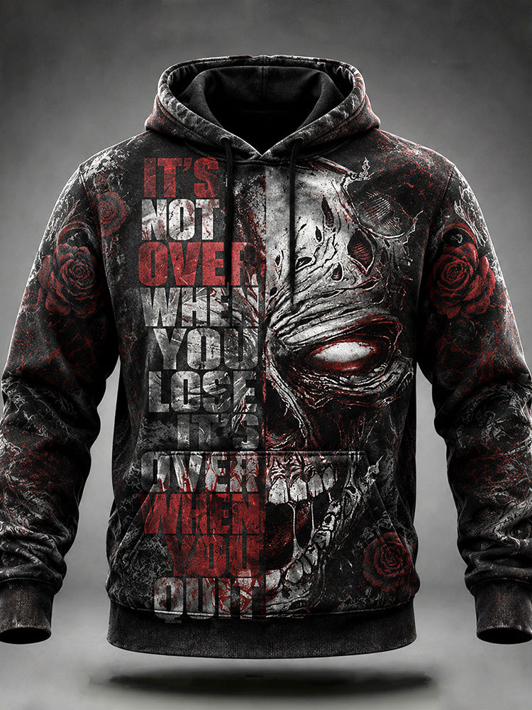 Men's Retro Washed Gothic Style Distressed Half-face Zombie Skull Rose Pattern Inspirational Quotes Street Style Hoodie