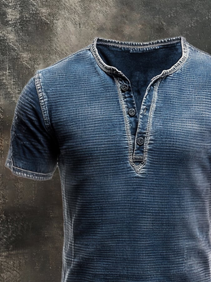Men's Retro Waffle Casual Henley Neck Short Sleeve T-Shirt