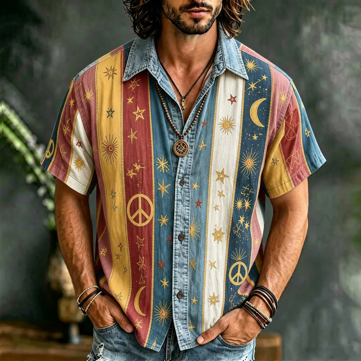 Men's Retro Celestial Star Moon Peace Sign Striped Print Short Sleeve Buttons Shirt