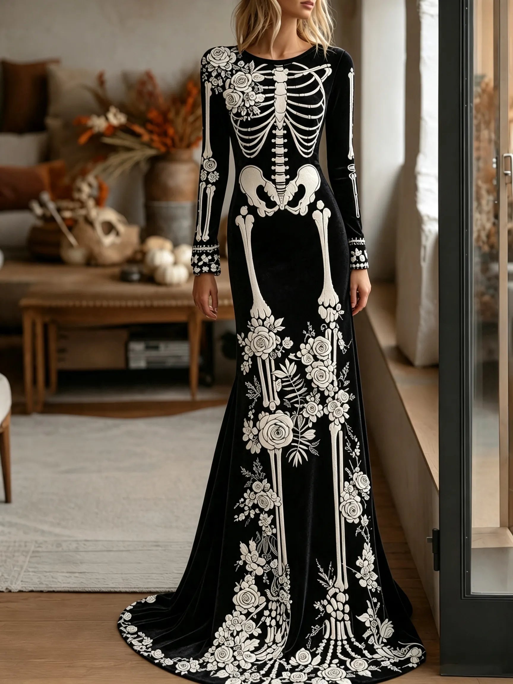 Women's Halloween Dark Gothic Rose Skeleton Velvet Round Neck Maxi Dress