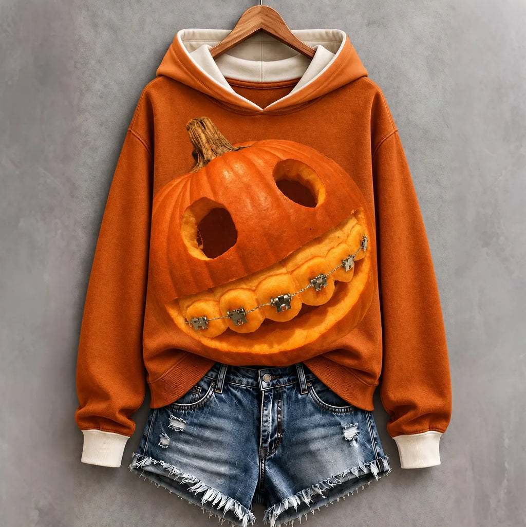 Women's Halloween Fun Steel Teeth Pumpkin Face Print Hoodie