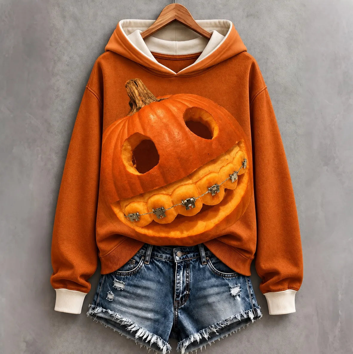 Women's Halloween Fun Steel Teeth Pumpkin Face Print Hoodie
