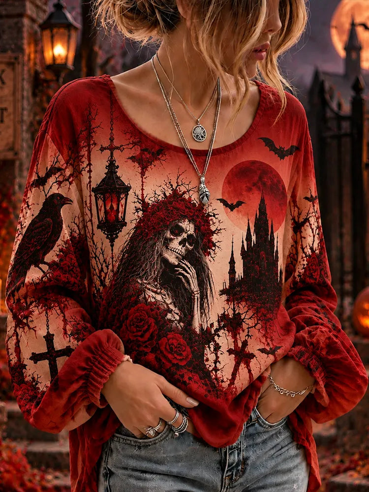 Women's Halloween Gothic Skull & Red Rose Oversized Long Sleeve Top