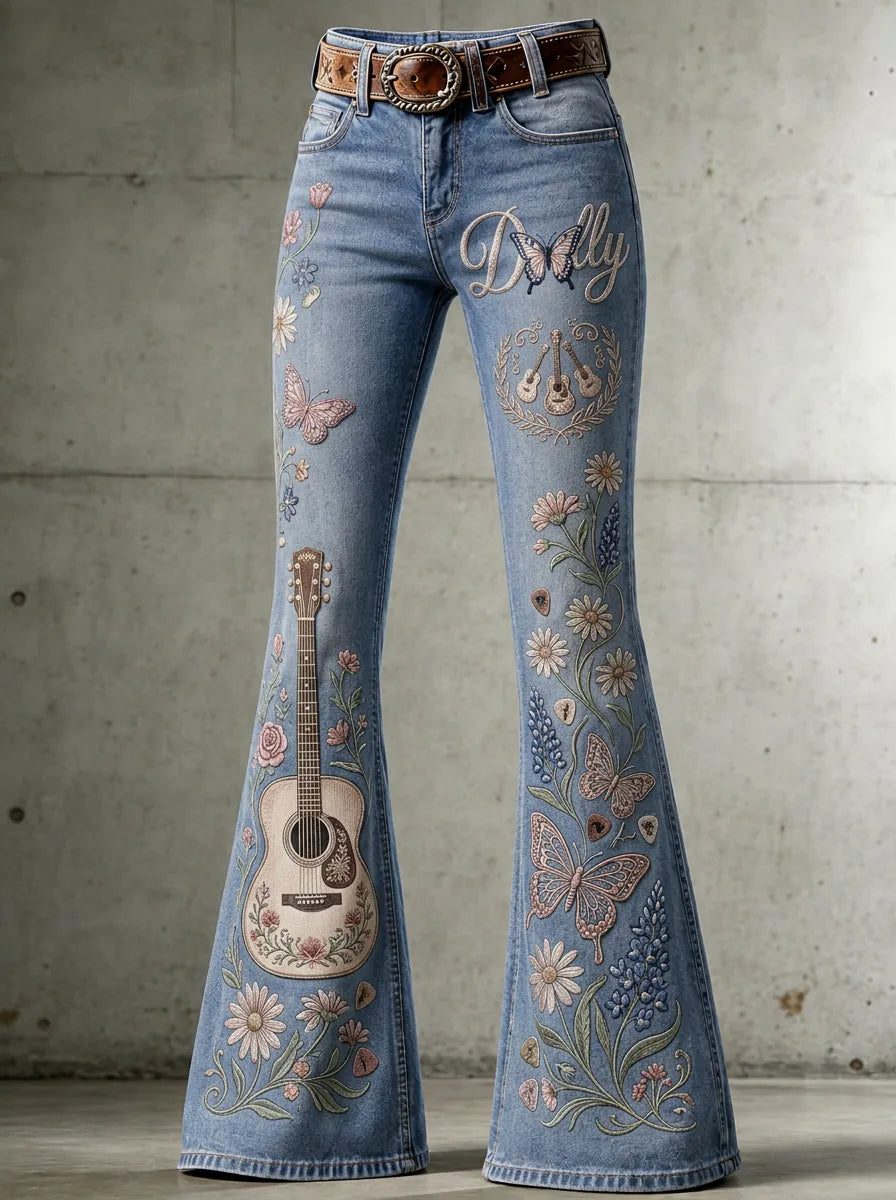 Women's Dolly Parton Guitar Butterfly Floral Printed Flare Jeans