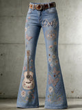 Women's Dolly Parton Guitar Butterfly Floral Printed Flare Jeans
