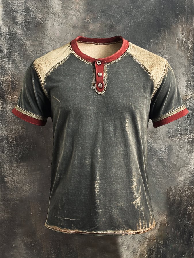 Men's Retro Colorblock Henley Collar Short Sleeve T-Shirt