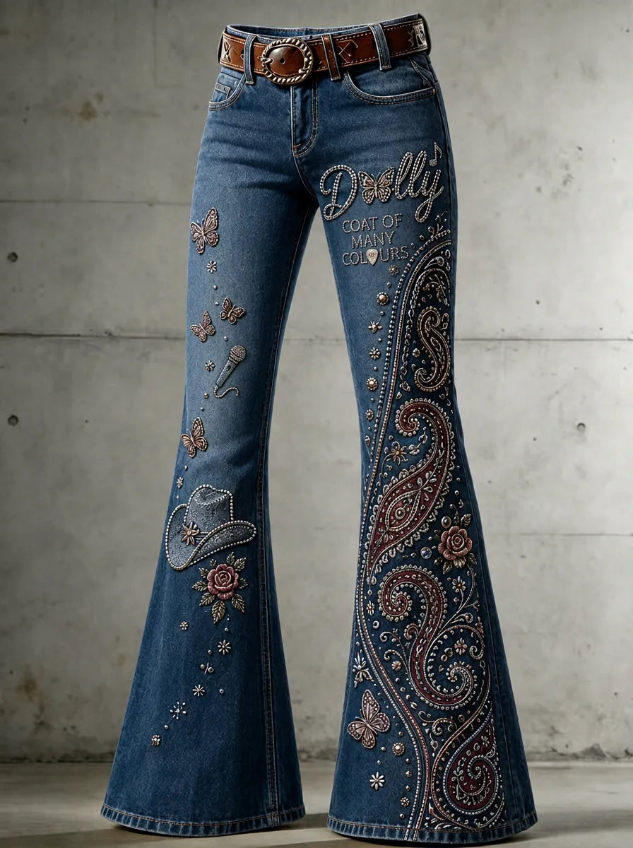 Women's Dolly Parton Coat of Many Colours Paisley Butterfly Printed Flare Jeans