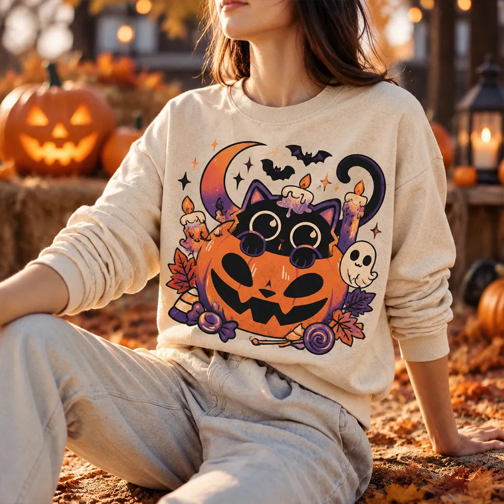 Women's Halloween Black Cat And Pumpkin Print Crew Neck Long Sleeve Sweatshirt