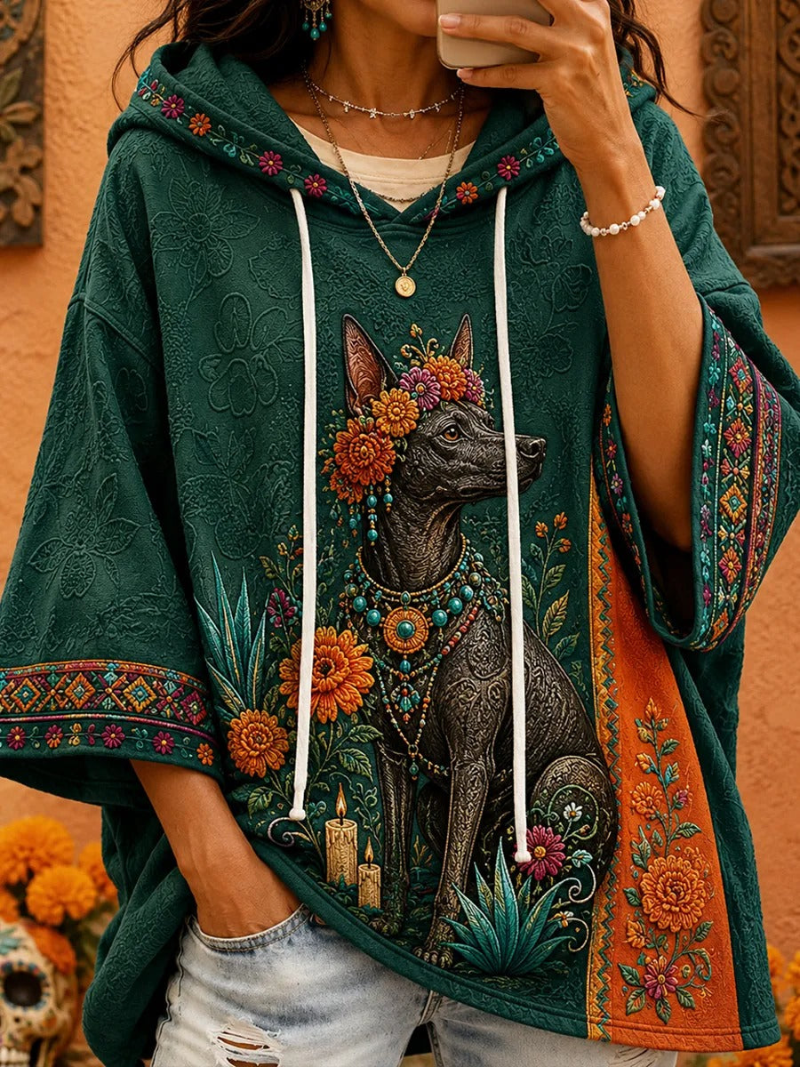 Women's Day Of The Dead Dog Wearing Flower Garland Print Three-Quarter Sleeves Hoodies