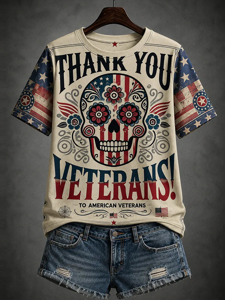 Women's Halloween Art Skull And American Elements Art Print Crew Neck T-shirt
