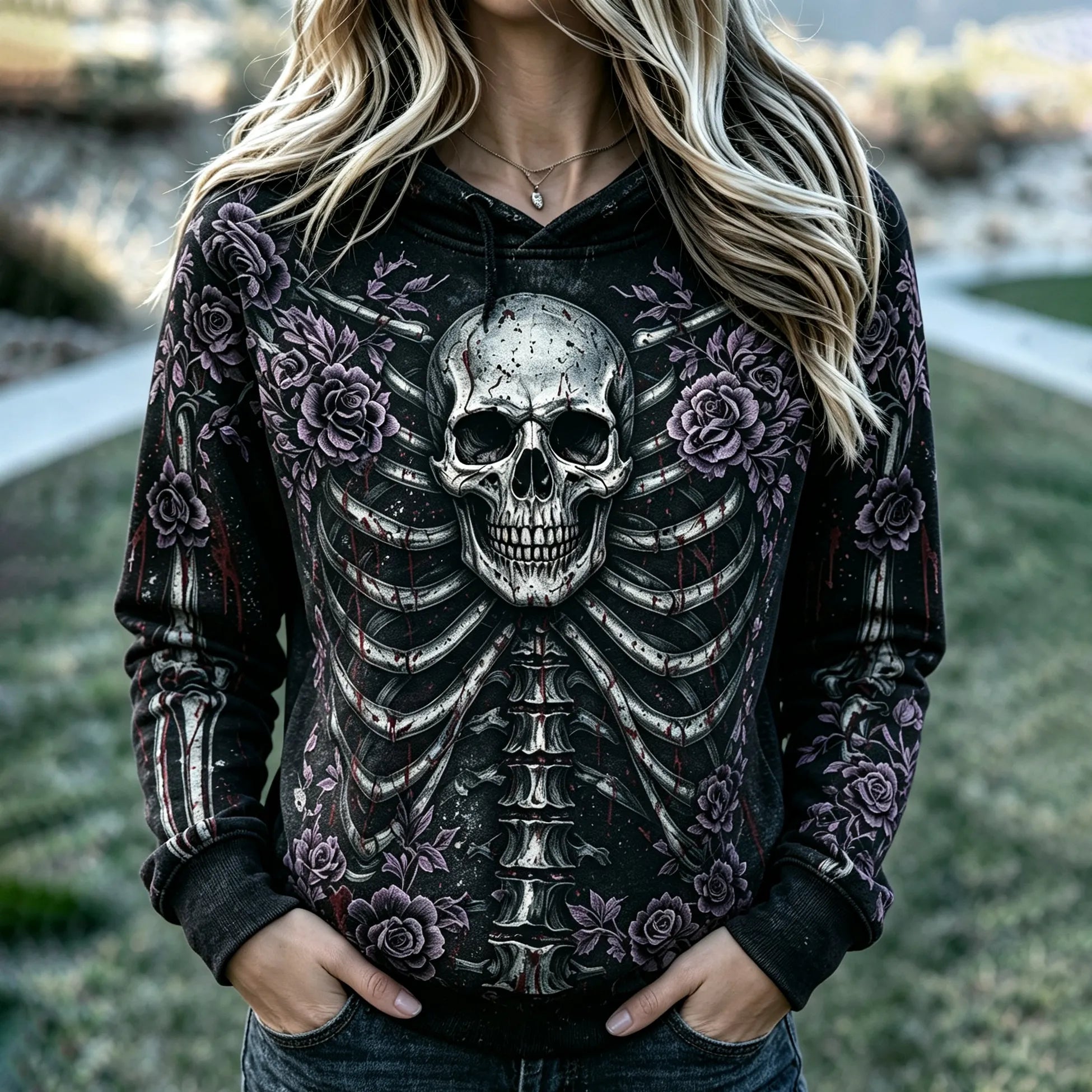 Women’s Goth Skeleton Floral Print Flare Pants