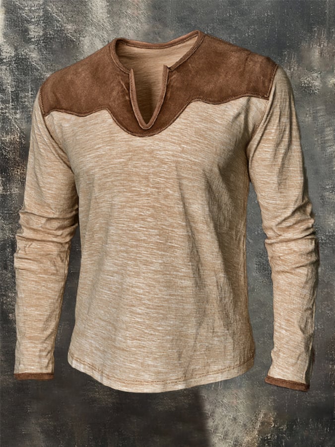 Men's Retro Comfortable Color-Block Small V-Neck T-Shirt