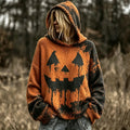 Women's Retro Halloween Pumpkin Face Print Casual Warm Hooded Sweater