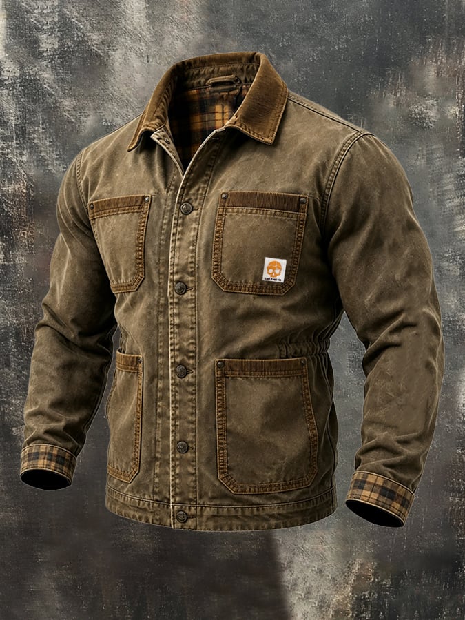 Men'S Vintage Distressed Multi-Pocket Jacket With Plaid Paneling