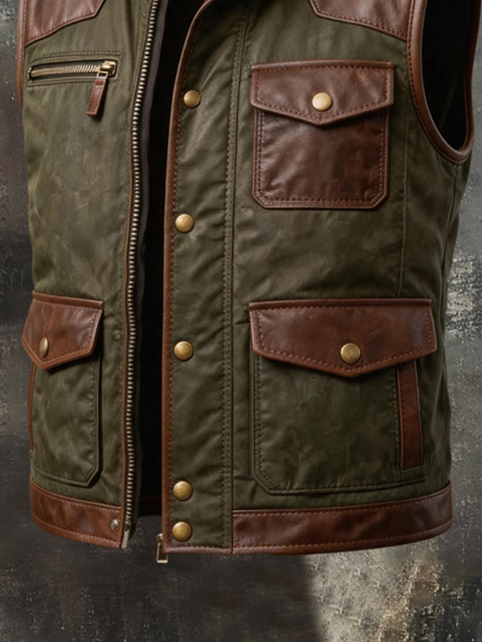 Men's Vintage Multi-Pocket Paneled Leather Vest Jacket
