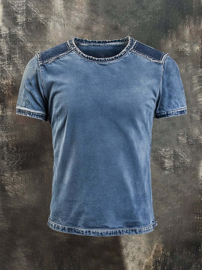 Men's retro-style round-neck short-sleeved T-shirt in washed cotton with contrasting color