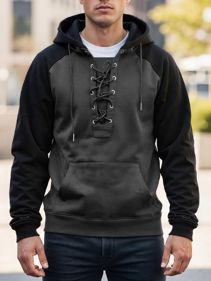 Men's Retro Color-Block Lace-Up Hoodie