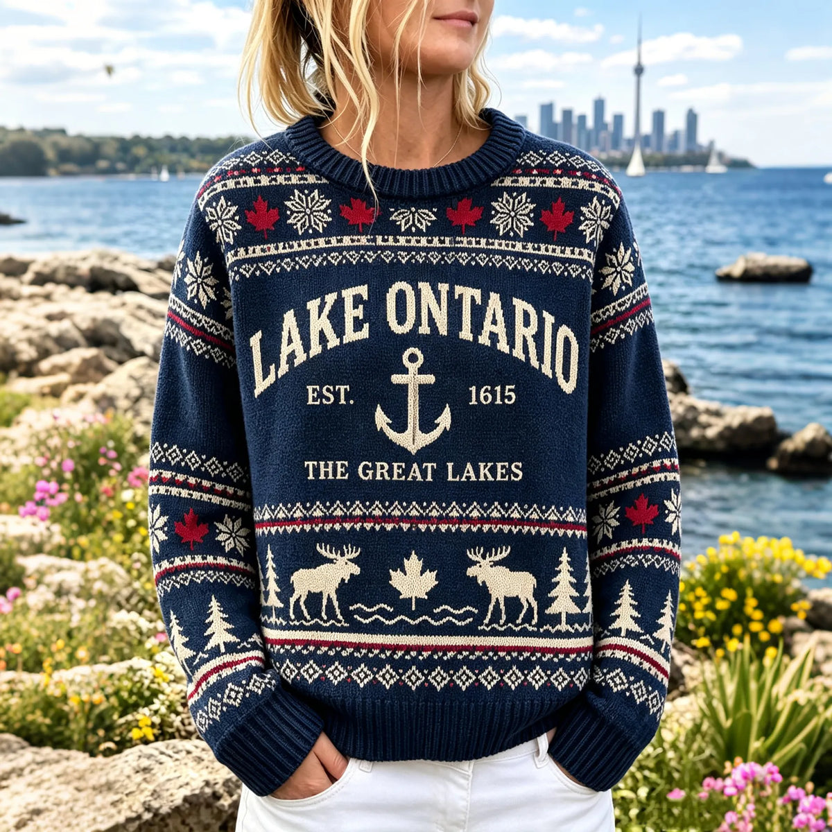 Women's Vintage "1615 Lake Ontario, Canada" Icelandic-style Knit Sweater