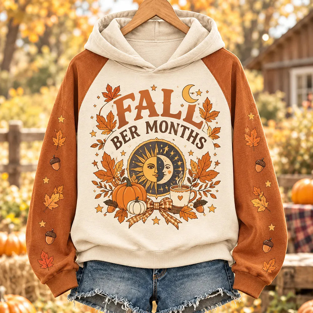 Women's "fall Ber Months" Sun And Moon Graphic Colorblock Hoodie
