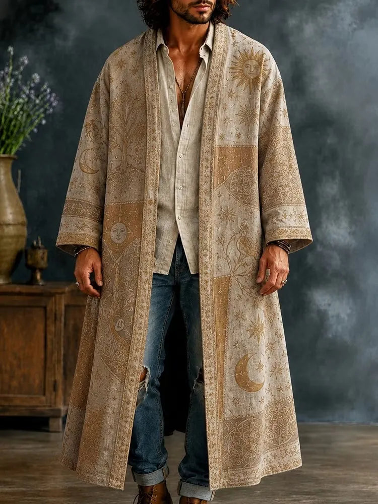 Men's Boho Sun Face Moon Tree Star Geometry Art Print Kimono Cardigan