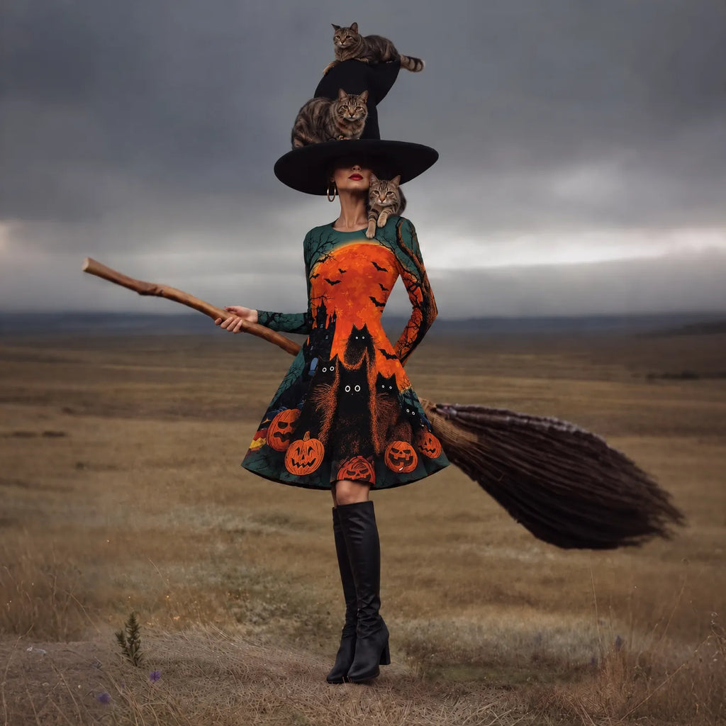 Women's Gothic Halloween Print Long Sleeve Dress – Halloween Costume