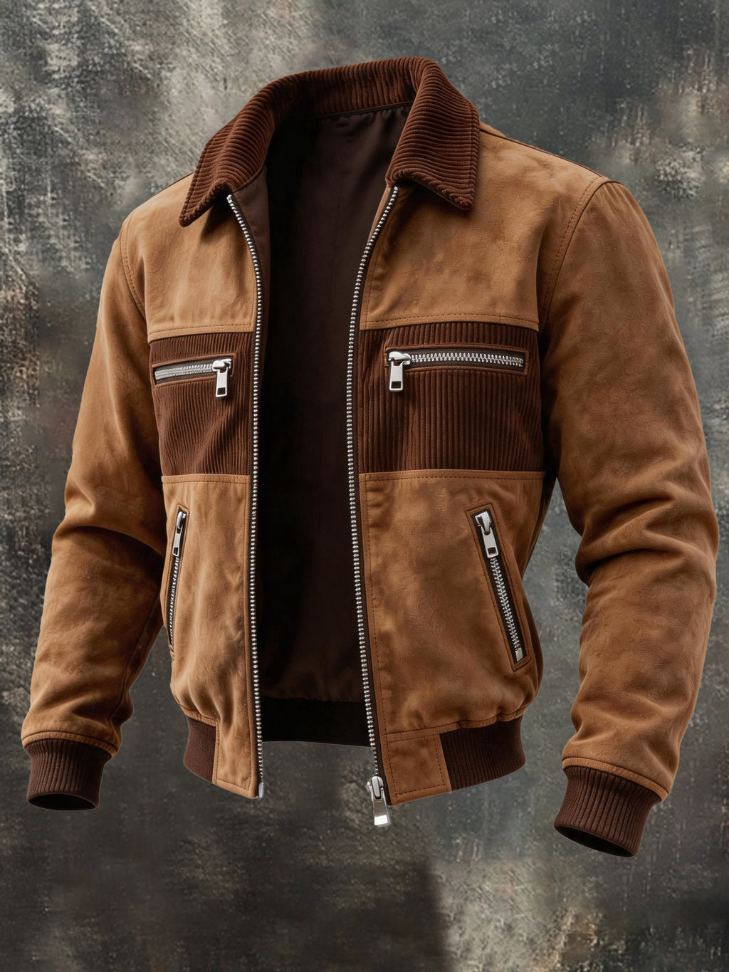 Men's Retro Faux Suede Panel Zip-Up Jacket