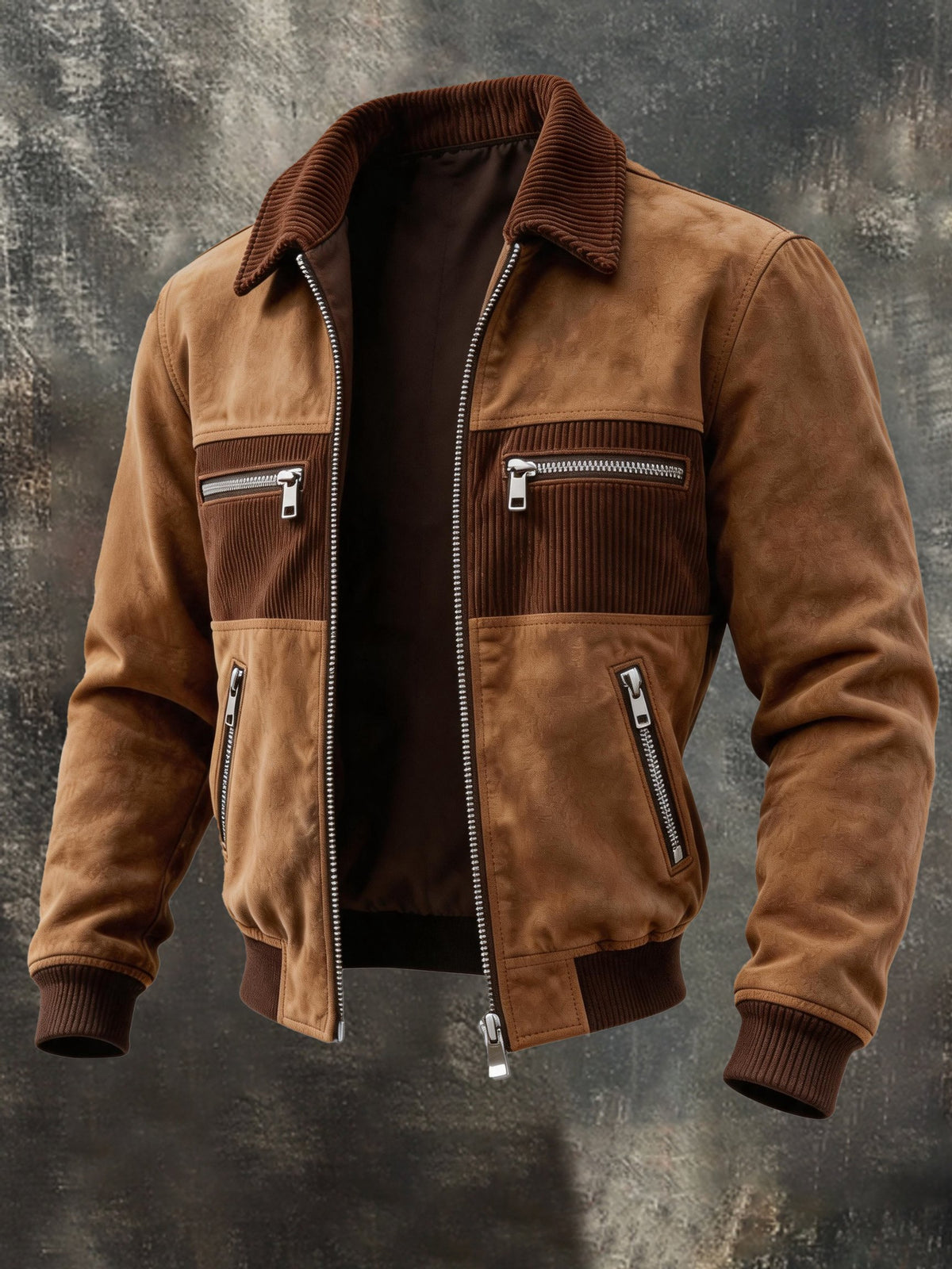 Men's Retro Faux Suede Panel Zip-Up Jacket