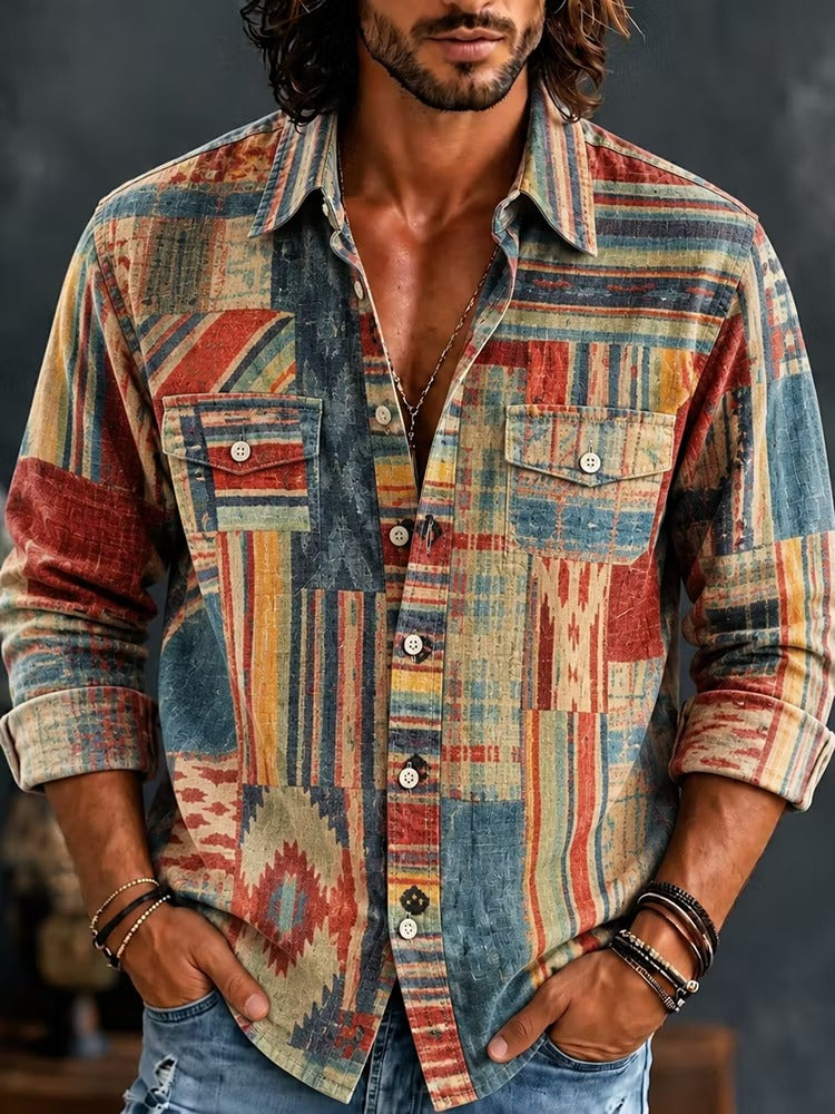 Men's Patchwork Of Tribal Geometric Forms Print Pockets Long Sleeve Shirt