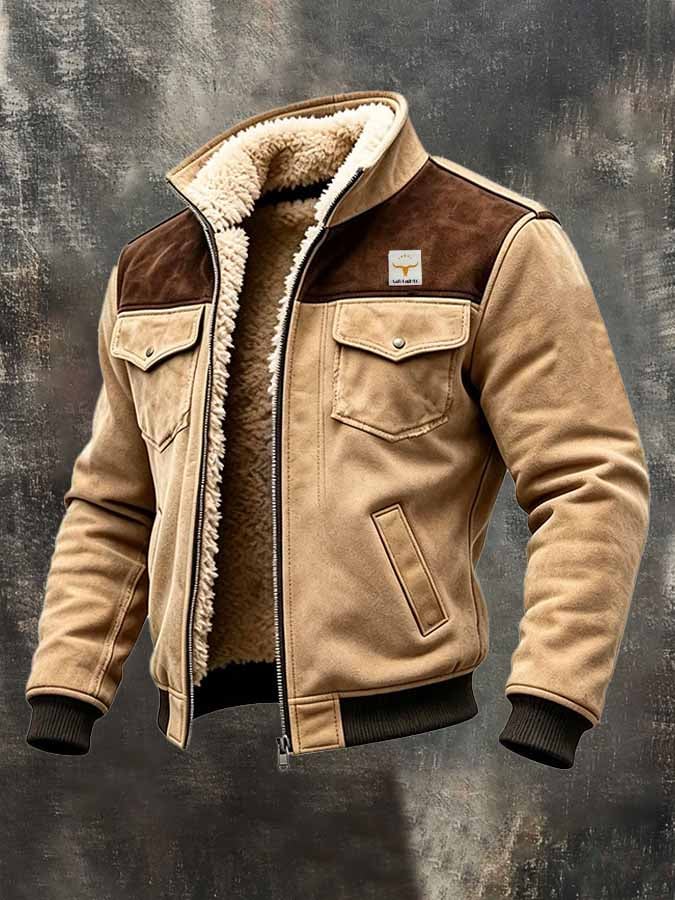 Men'S Vintage Western-Style Suede Color-Block Jacket With Fleece Lining