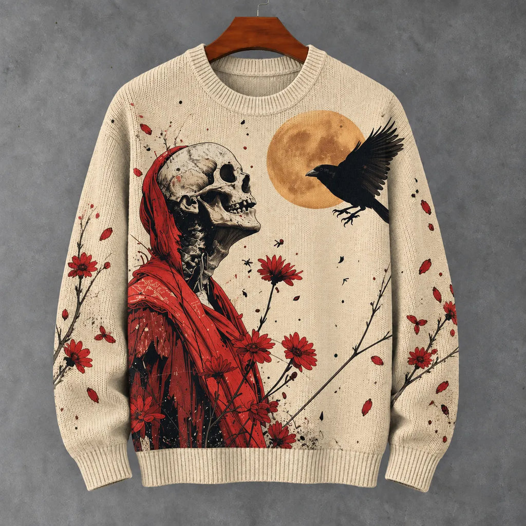 Men's Retro Japanese Skull Print Crew Neck Cozy Knit Sweater