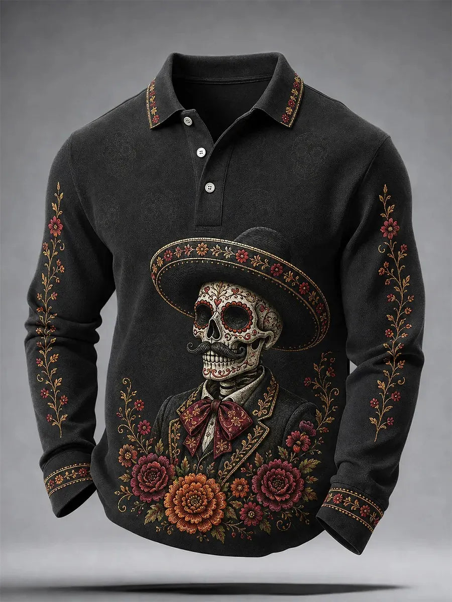 Men's Day Of The Dead Print Long Sleeve Polo Shirt