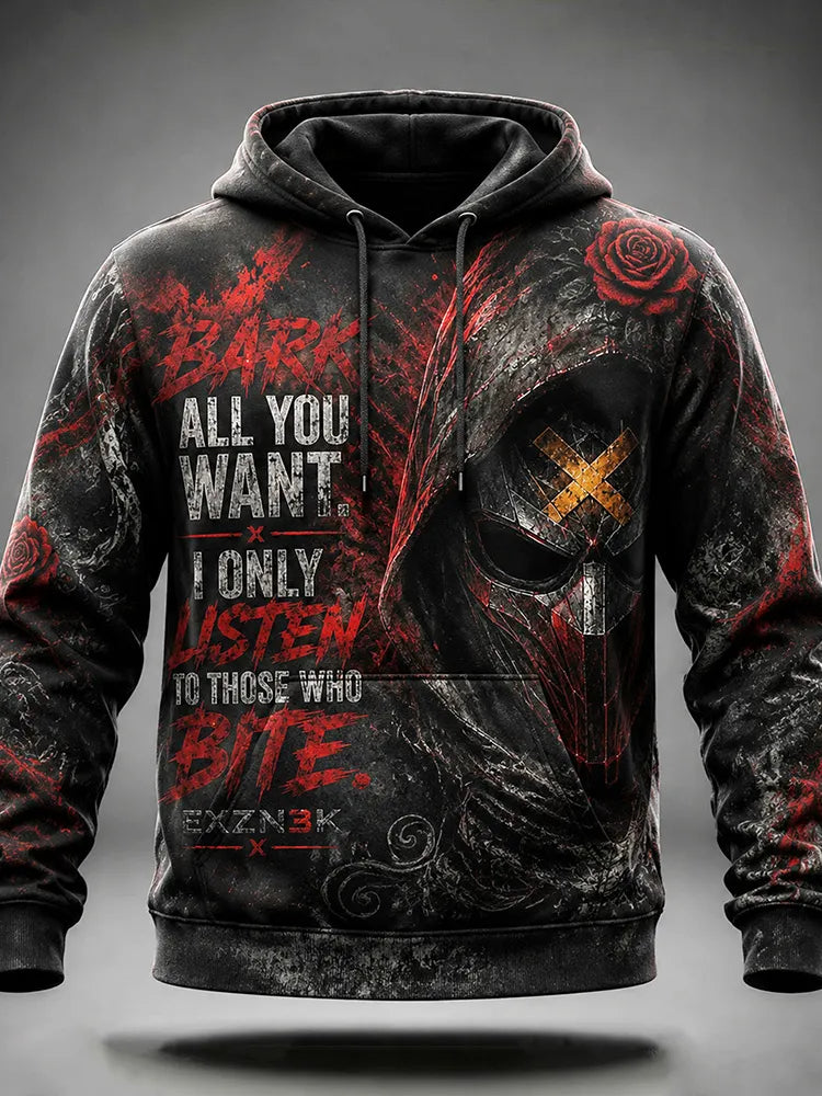 Vintage Washed Distressed Death Warrior Rose Pattern Gothic Skull Hoodie With Inspirational Quotes