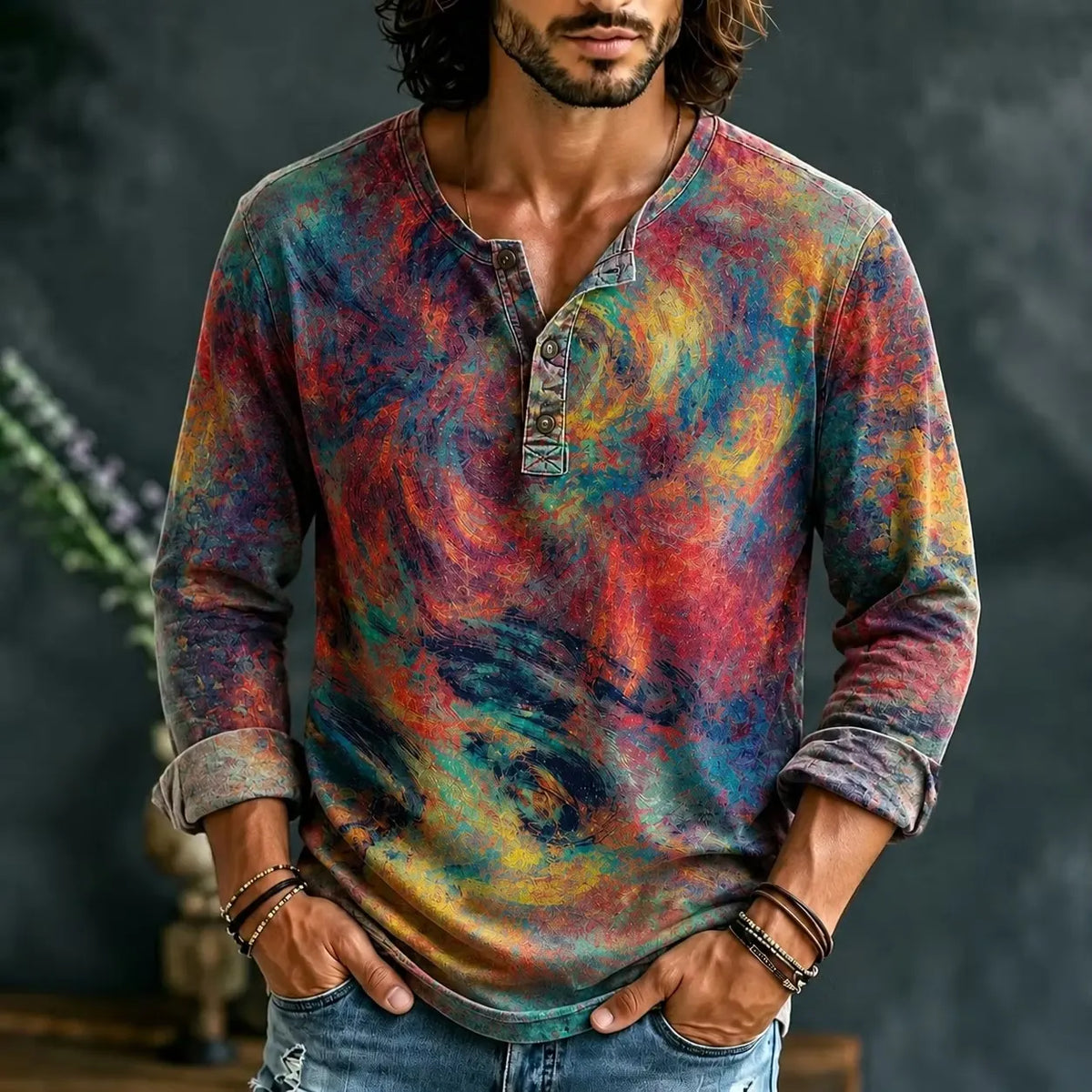 Men's Abstract Swirl Print Henry Collar Long Sleeve T-Shirt