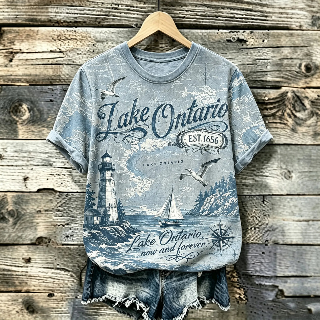 Women's Retro Lake Ontario Print Vintage T-shirt