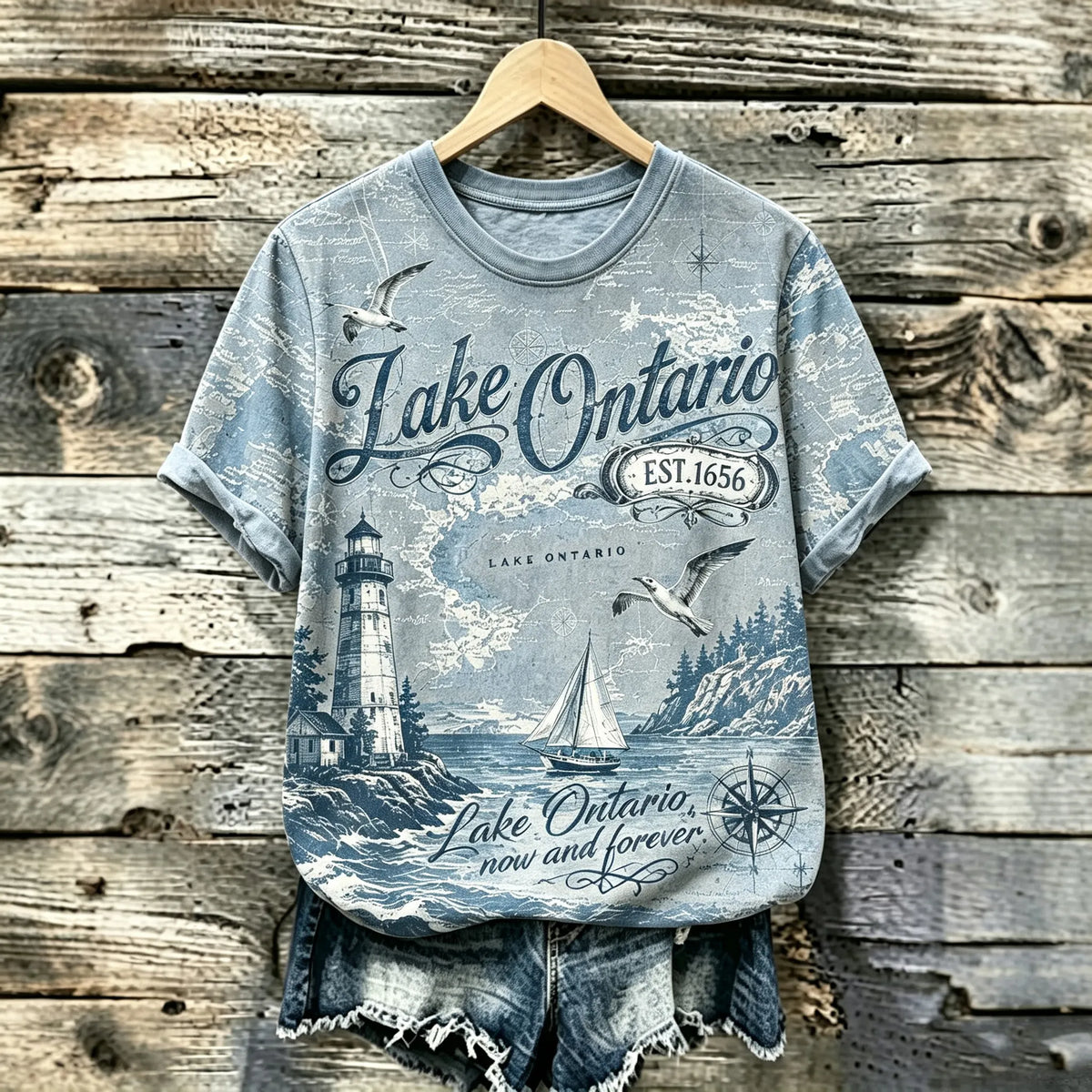Women's Retro Lake Ontario Print Vintage T-shirt