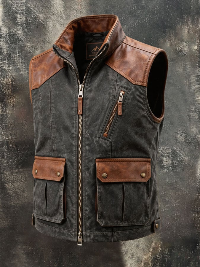 Men's Vintage Multi-Pocket Paneled Leather Utility Vest Jacket